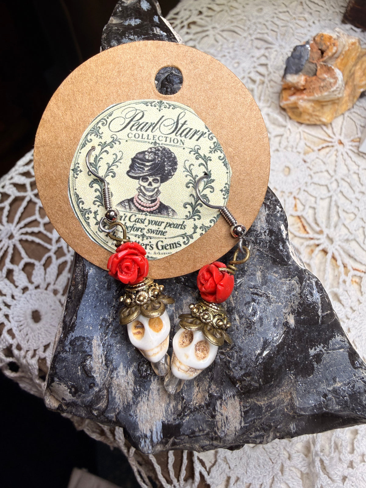 Pearl Starr Red Rose & Skull Earrings - Antique Floral