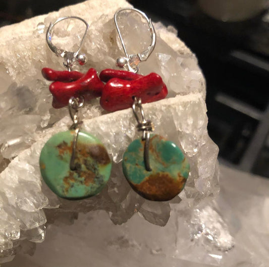 Turquoise and Red Coral Earrings