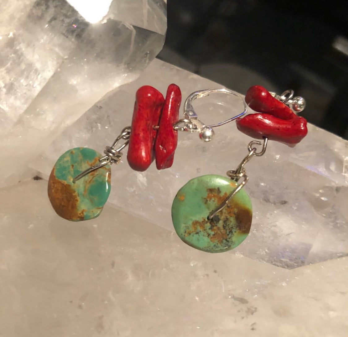 Turquoise and Red Coral Earrings