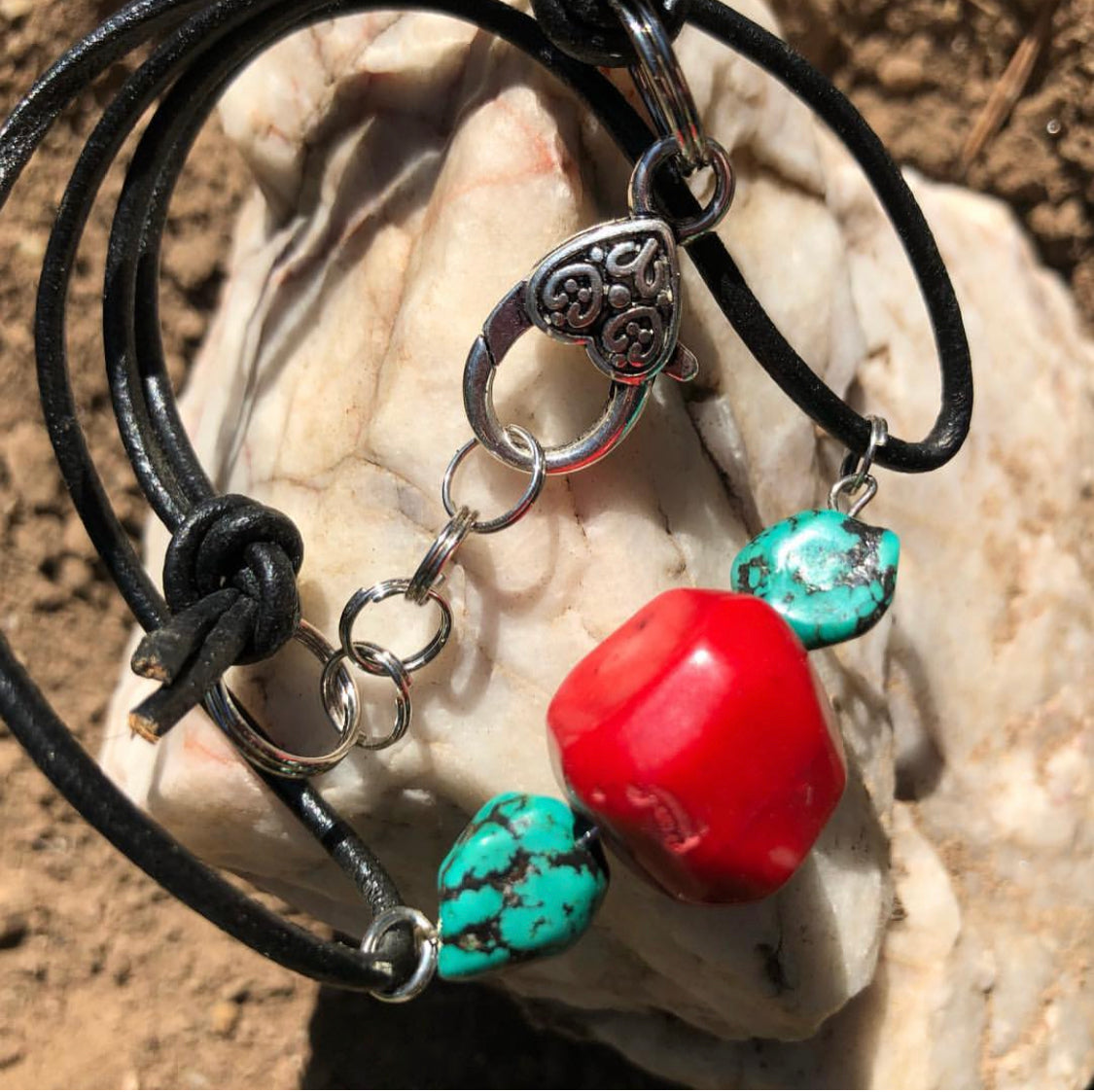 Red Coral and Chunky Turquoise Leather