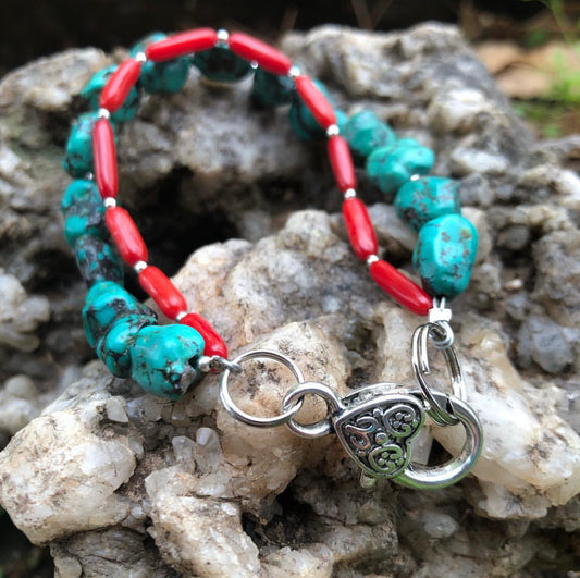 Double Strand Coral & Turquoise Bracelet