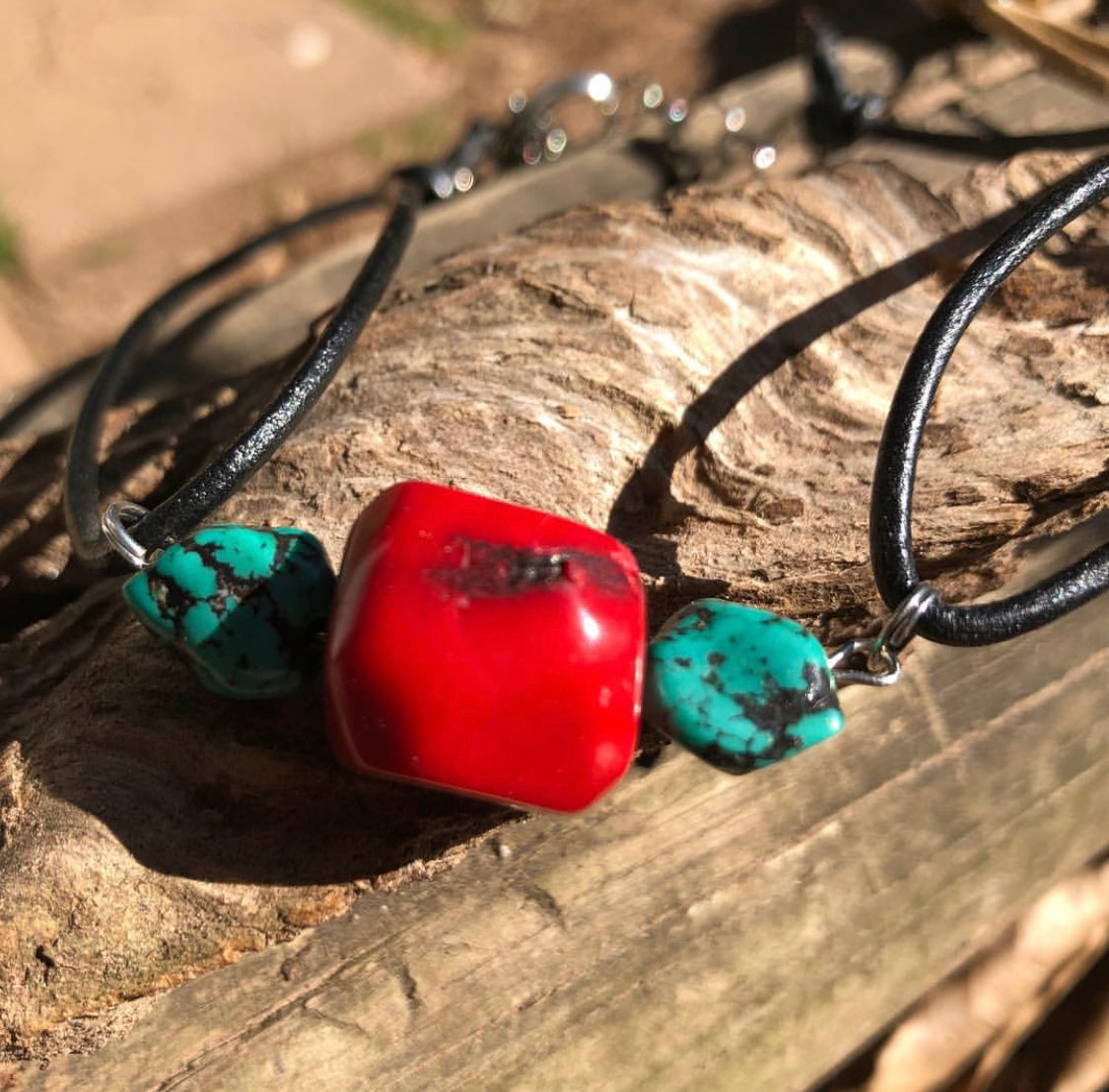 Red Coral and Chunky Turquoise Leather