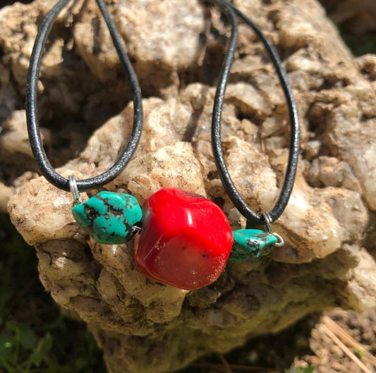 Red Coral and Chunky Turquoise Leather